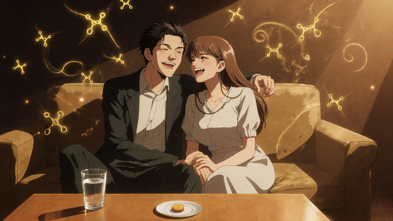 A couple laughing on a couch with a Valif tablet on the table, golden cGMP molecules floating like fireflies around them.