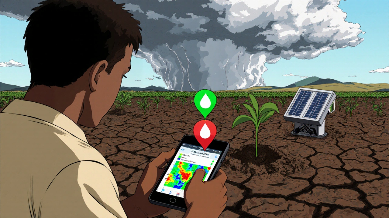 Farmer in Eastern Cape viewing live soil moisture map on a handheld device with solar sensor in background.