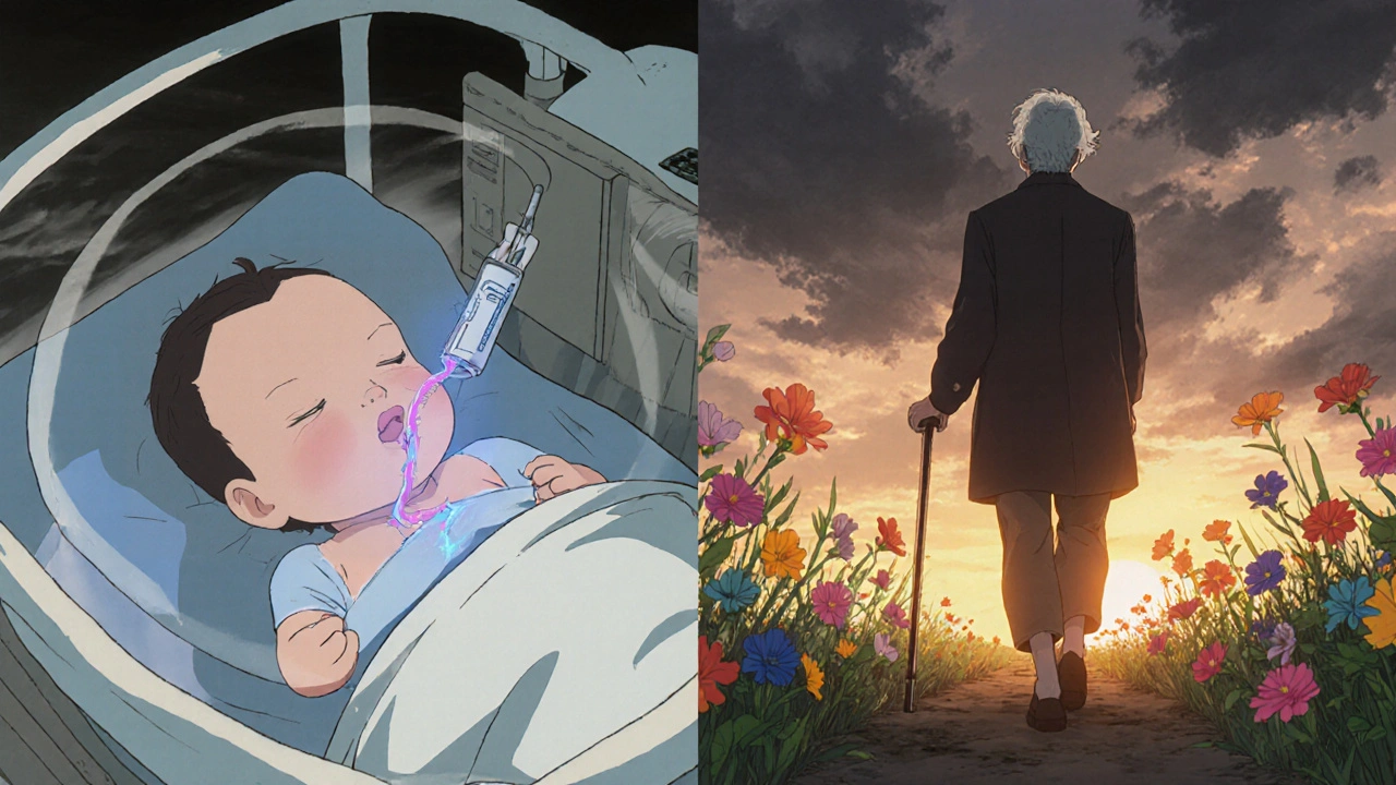 Premature infant receiving Indocin in incubator, contrasting with elderly person walking pain-free.