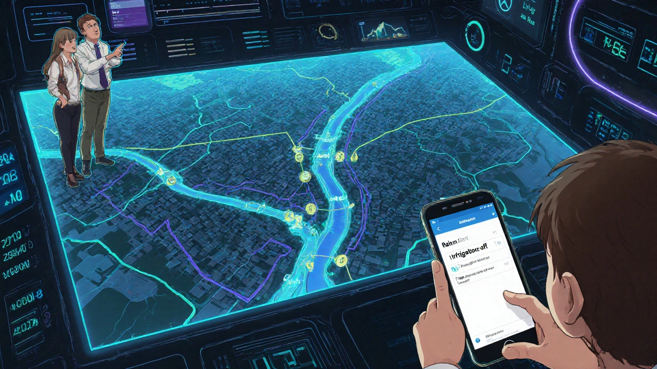 Urban planner watching holographic stormwater flow map in Cape Town, avoiding mudslides with real-time data.