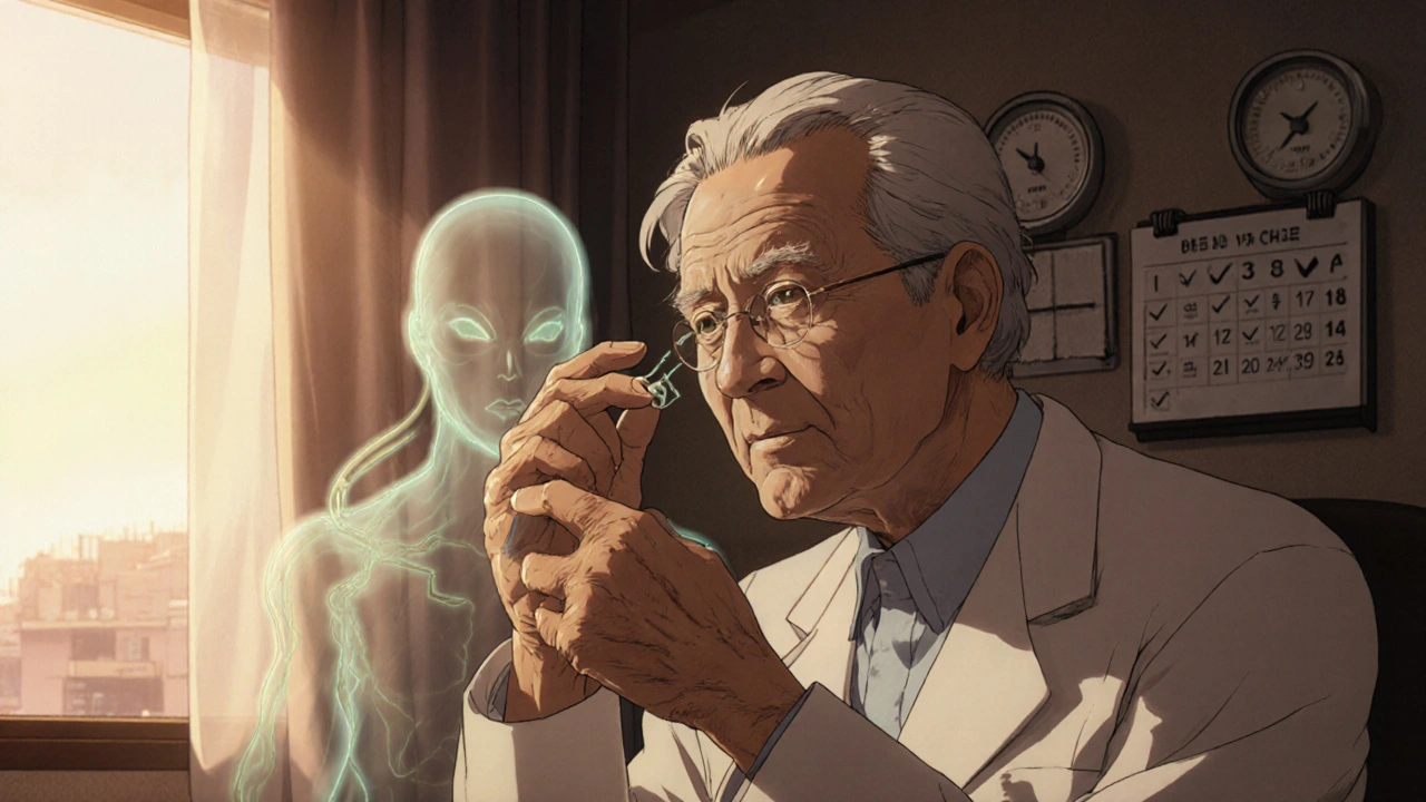 An elderly person applying eye drops at dawn as optic nerve damage fades away.