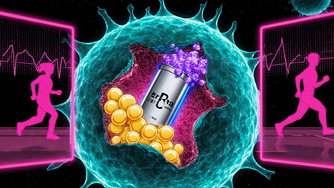 Animated view of a heart cell showing Ranolazine blocking sodium channels and reducing calcium overload.