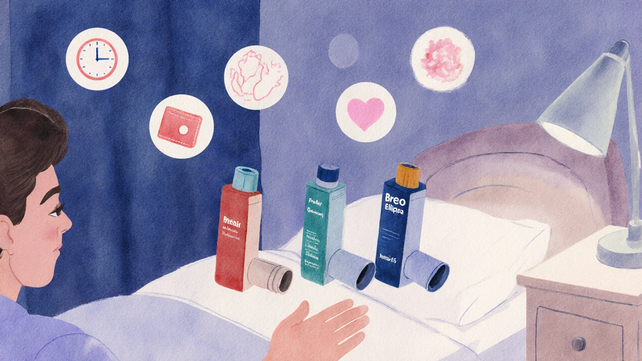Bedroom scene with three inhalers on a nightstand and icons indicating factors for choosing.