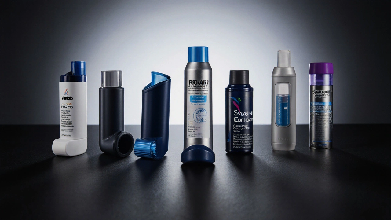 Close‑up of seven different inhalers on a dark studio surface, highlighting design details.