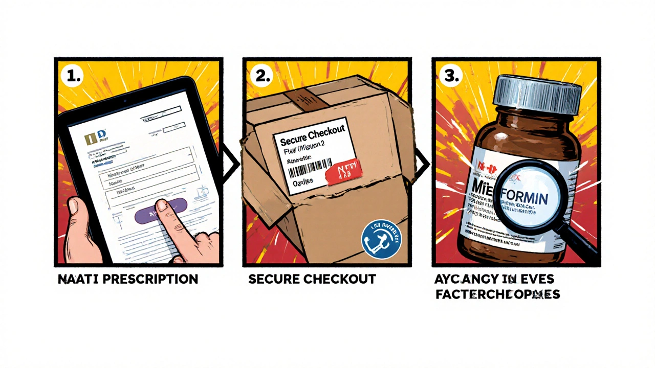 Comic panels showing scanning prescription, checkout, delivery, and bottle inspection.