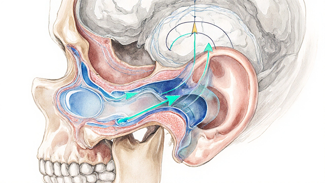 Cross‑section illustration of the inner ear showing semicircular canals and otolith organs.