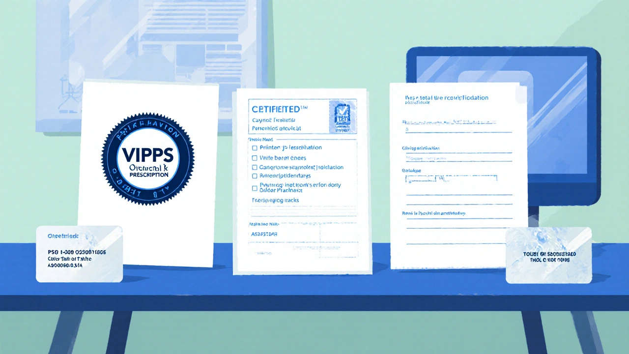 Desk layout with VIPPS seal, prescription, and pharmacy contact info displayed.