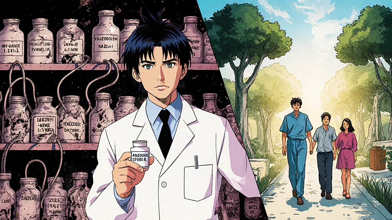 Doctor holding a single linezolid-PEG pill as old antibiotics crumble, patient now healthy at home, retro anime style.