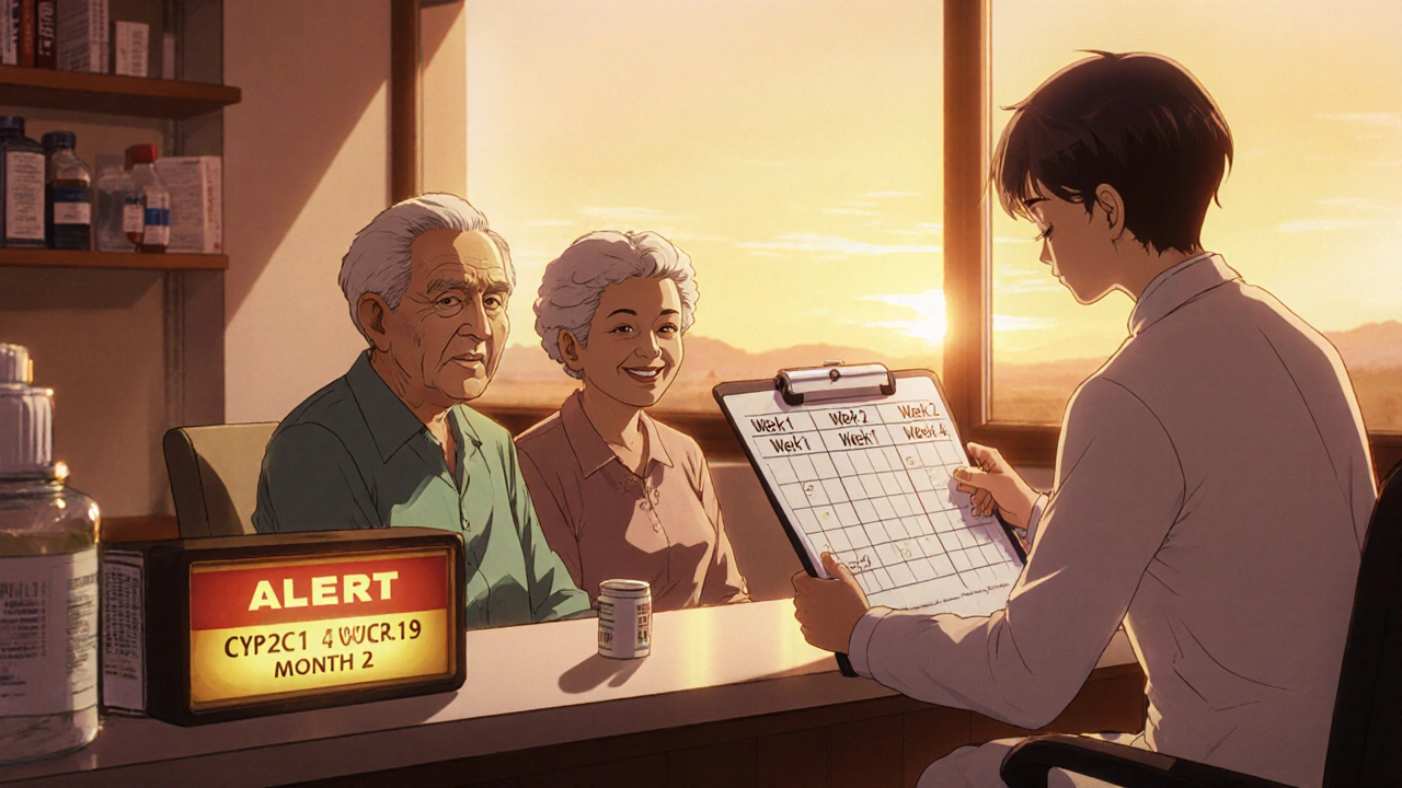 Doctor, patient, and caregiver reviewing a monitoring plan with a sertraline bottle.