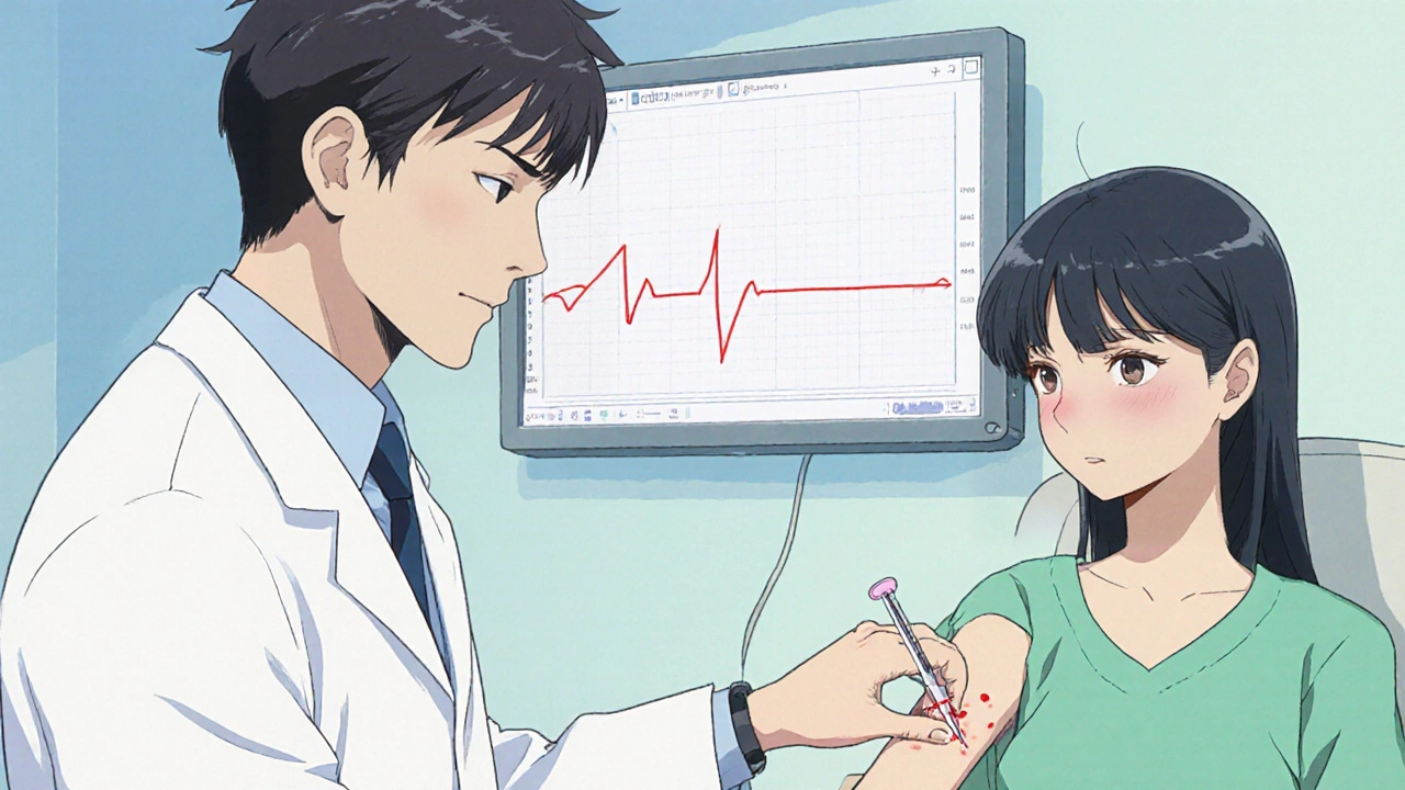 Doctor performing a skin prick test on a patient in a pastel‑colored clinic.