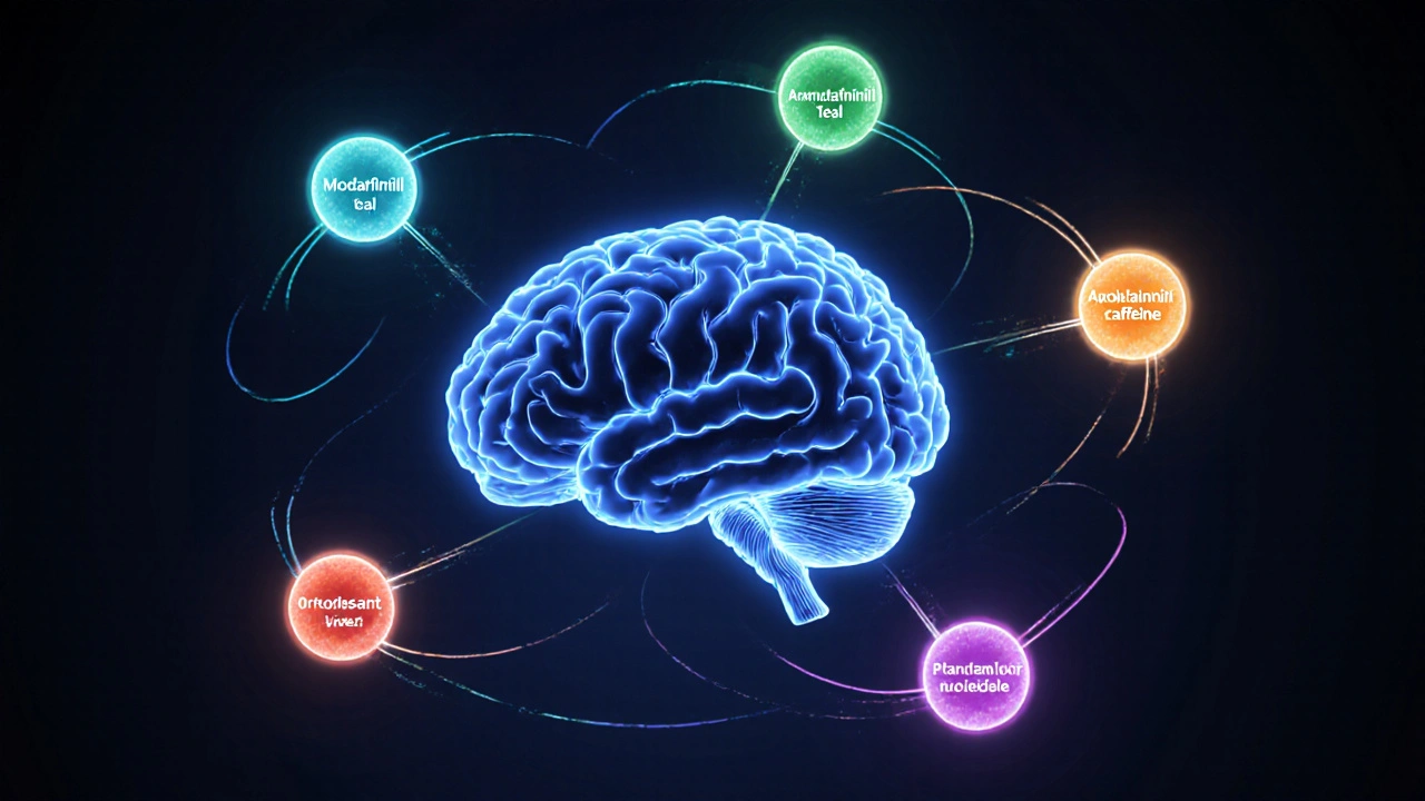 Floating brain surrounded by colored glowing orbs representing different wake‑promoting drugs.