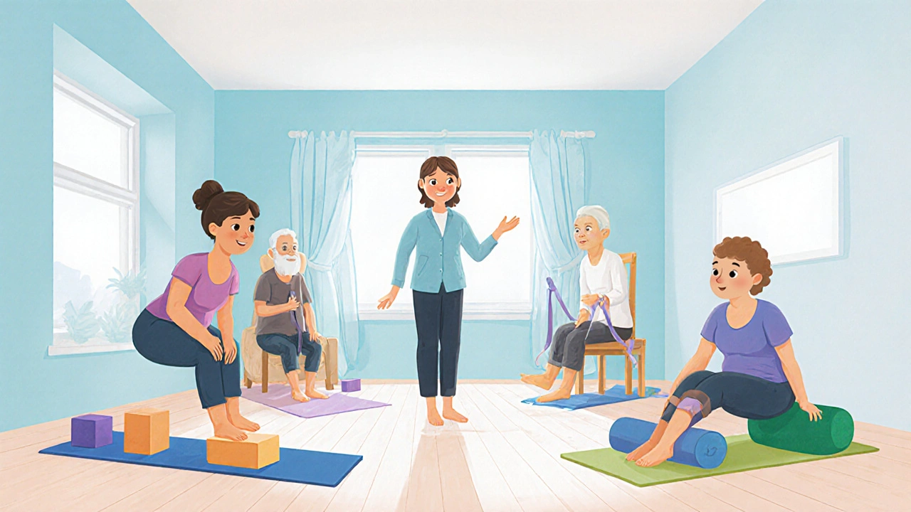 Gentle yoga class for RA patients using blocks, straps, and a chair in a bright studio.
