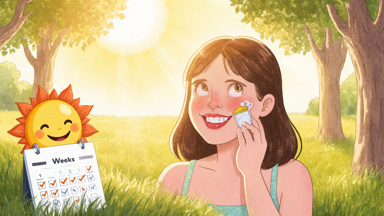 Girl with radiant, even skin applying sunscreen under a bright sun.