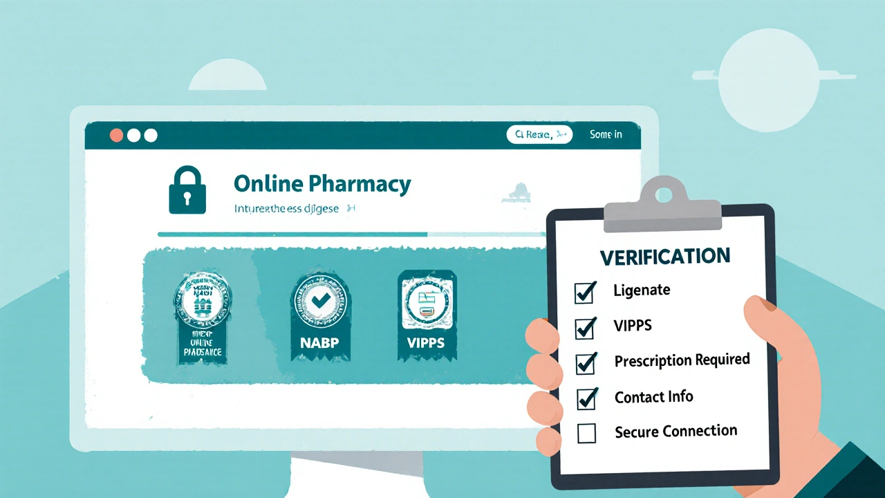 Illustrated pharmacy verification checklist with icons of security and certifications.