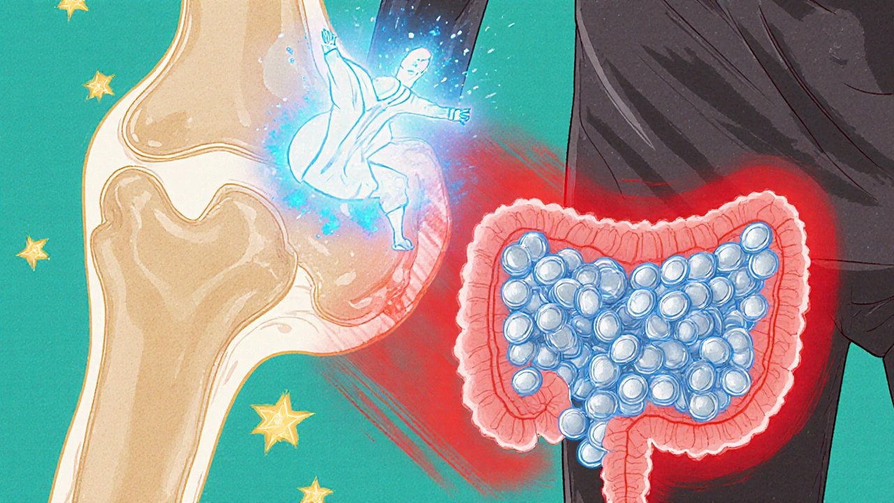 Illustration shows calcium and phosphate ions binding in the gut, reducing hormone activity in bone.