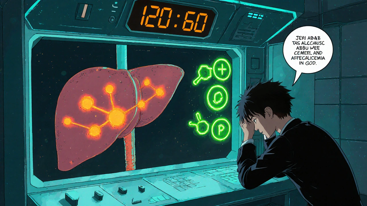 Liver processing alcohol while glucose icons fade, glucose meter drops, person looks dizzy.