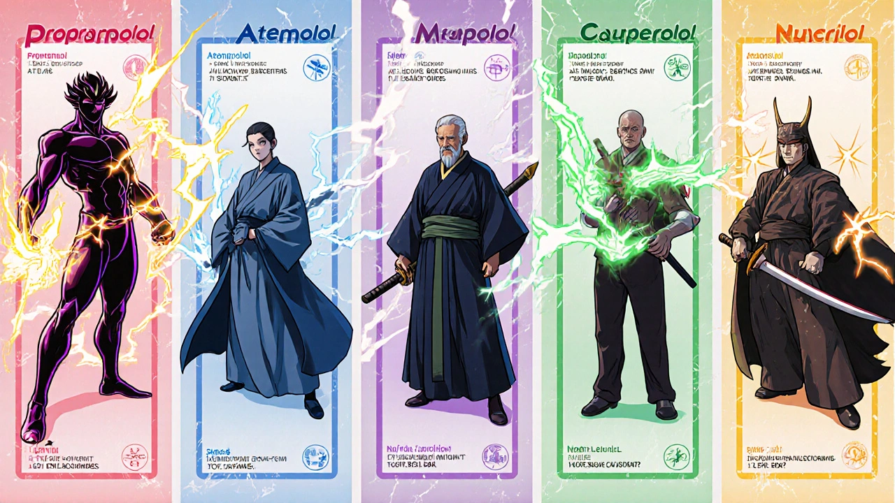 Manga panel with six personified beta‑blocker characters showing their traits.
