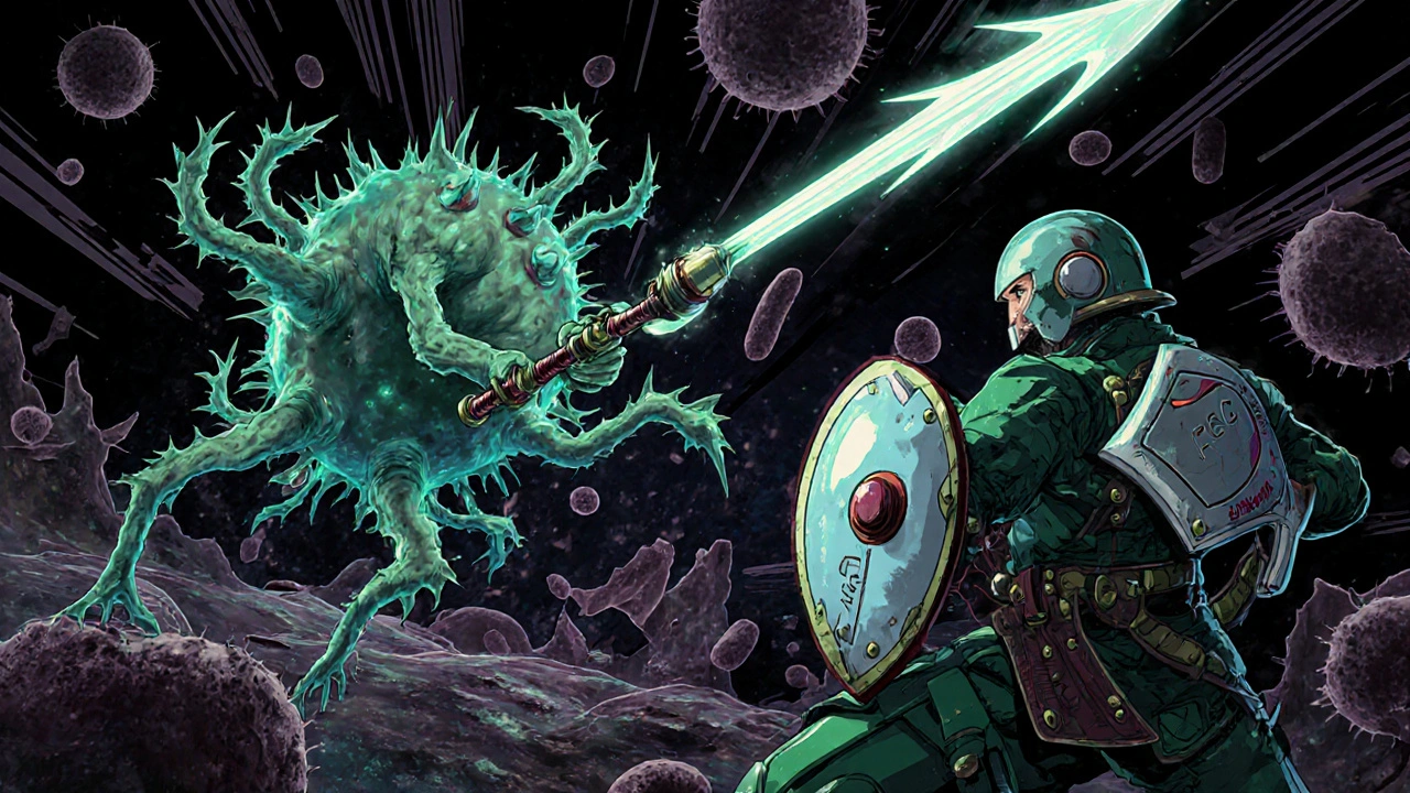 Microscopic battle: linezolid-PEG warrior vs resistant bacteria in glowing cellular battlefield, retro anime style.