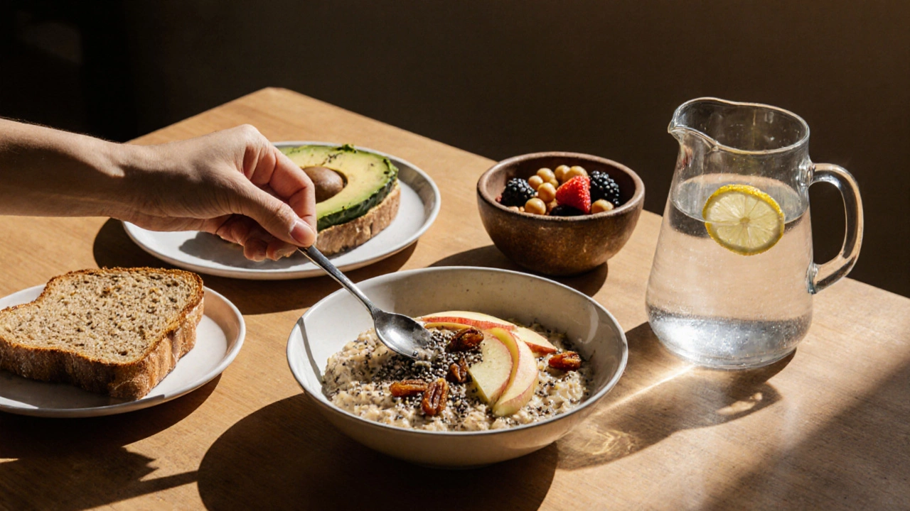 Morning kitchen scene with oatmeal, whole‑grain toast, berries, chickpeas, and water.