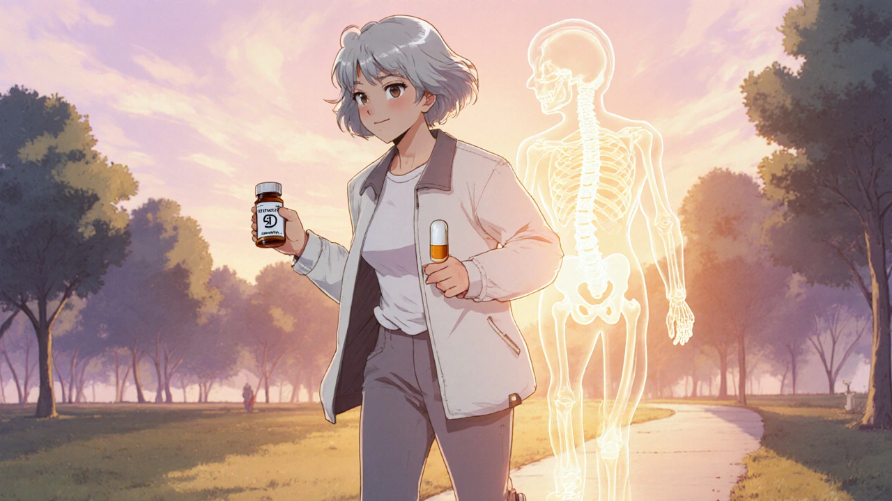 Older woman walks in a sunrise park carrying calcium acetate and vitamin D, with a glowing spine silhouette.