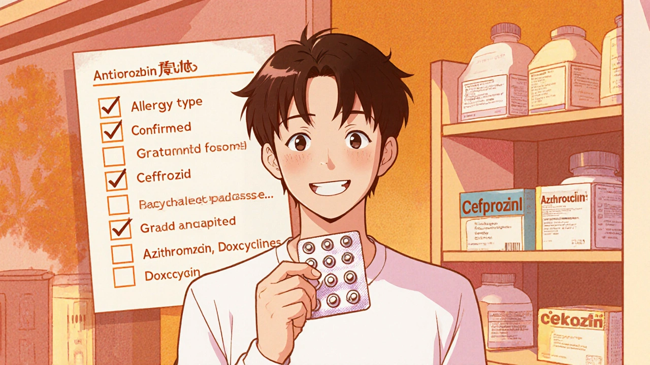 Patient holding cefprozil with a floating checklist, standing outside a pharmacy.