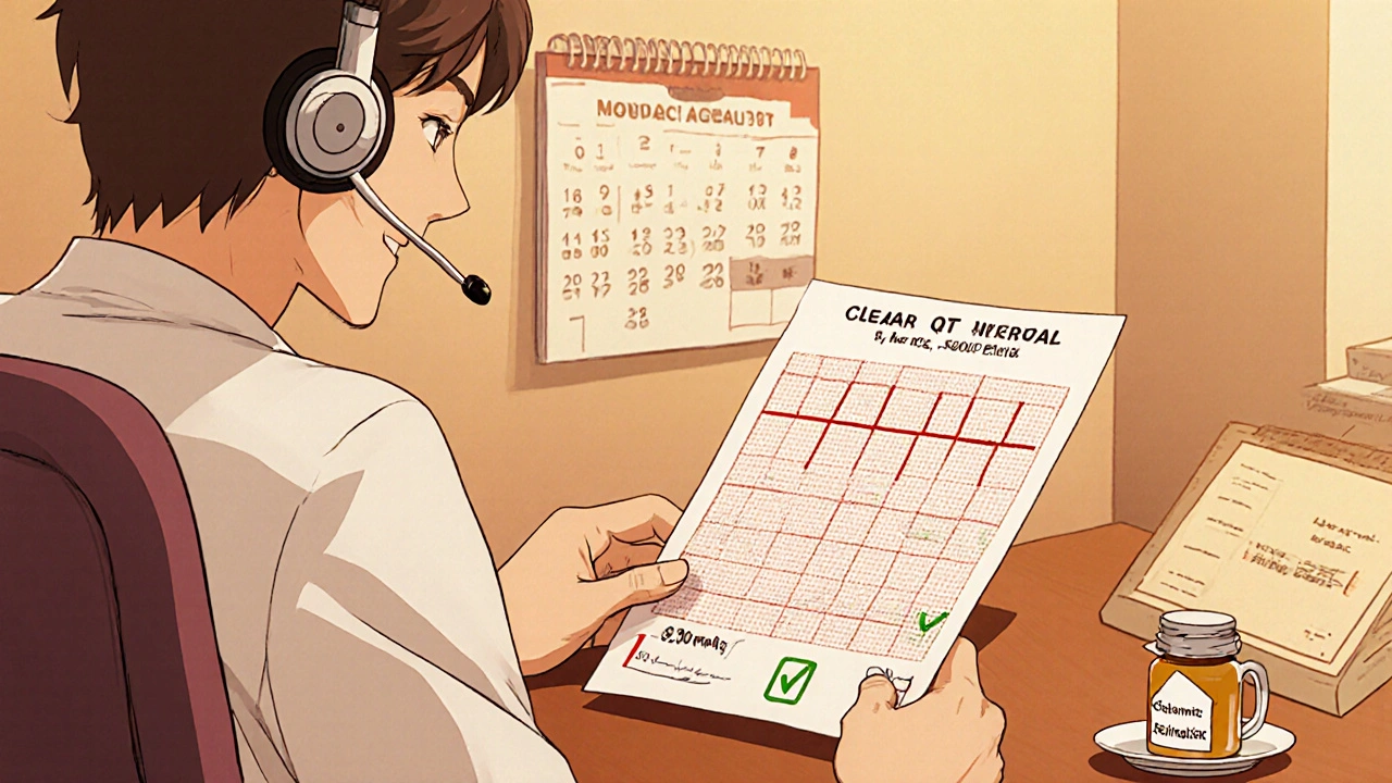Patient reviewing ECG with normal QT and discussing dosage during a follow‑up visit.