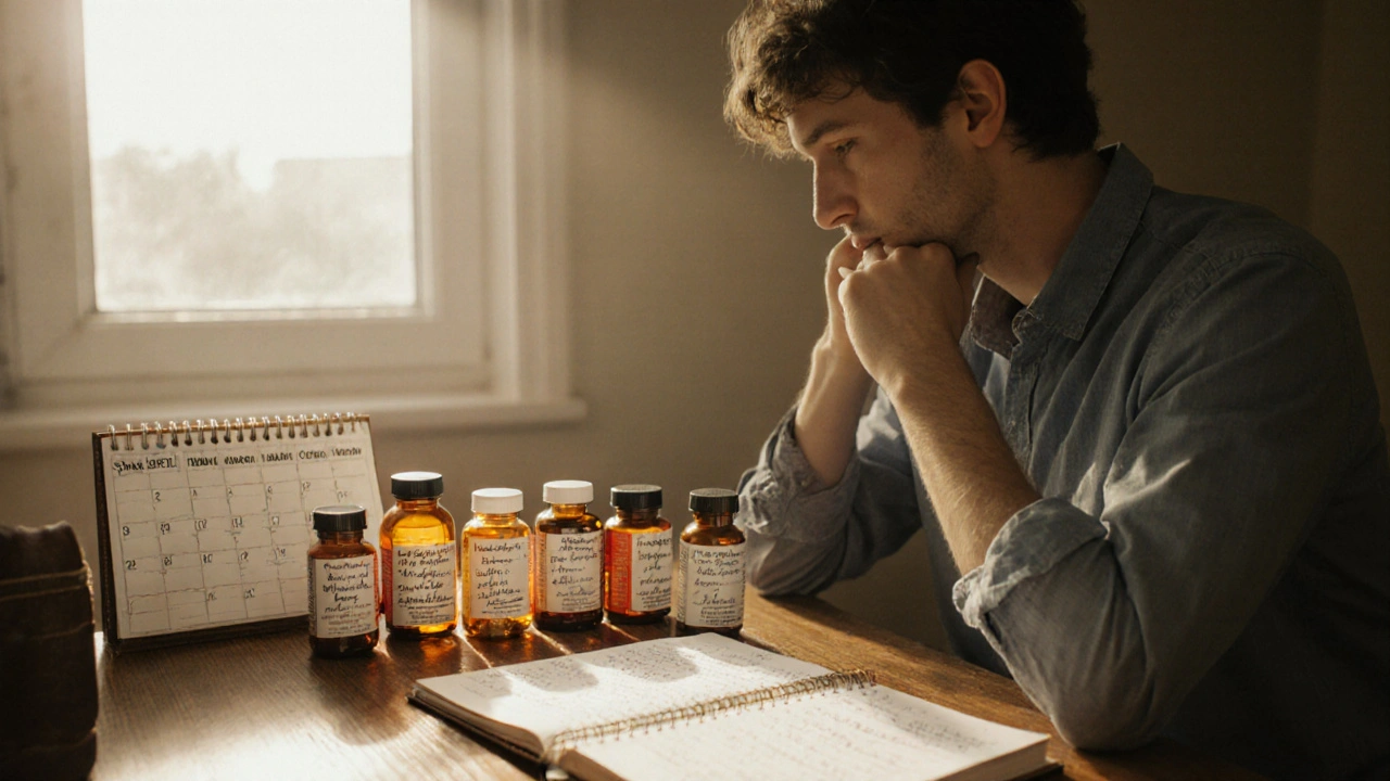 Person at a desk comparing several pill bottles while reviewing a schedule.