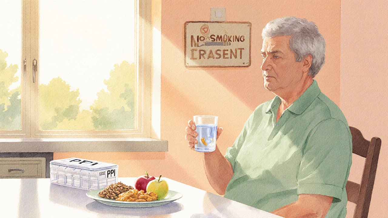 Person drinking water with a PPI pill next to a balanced meal in a sunrise kitchen.