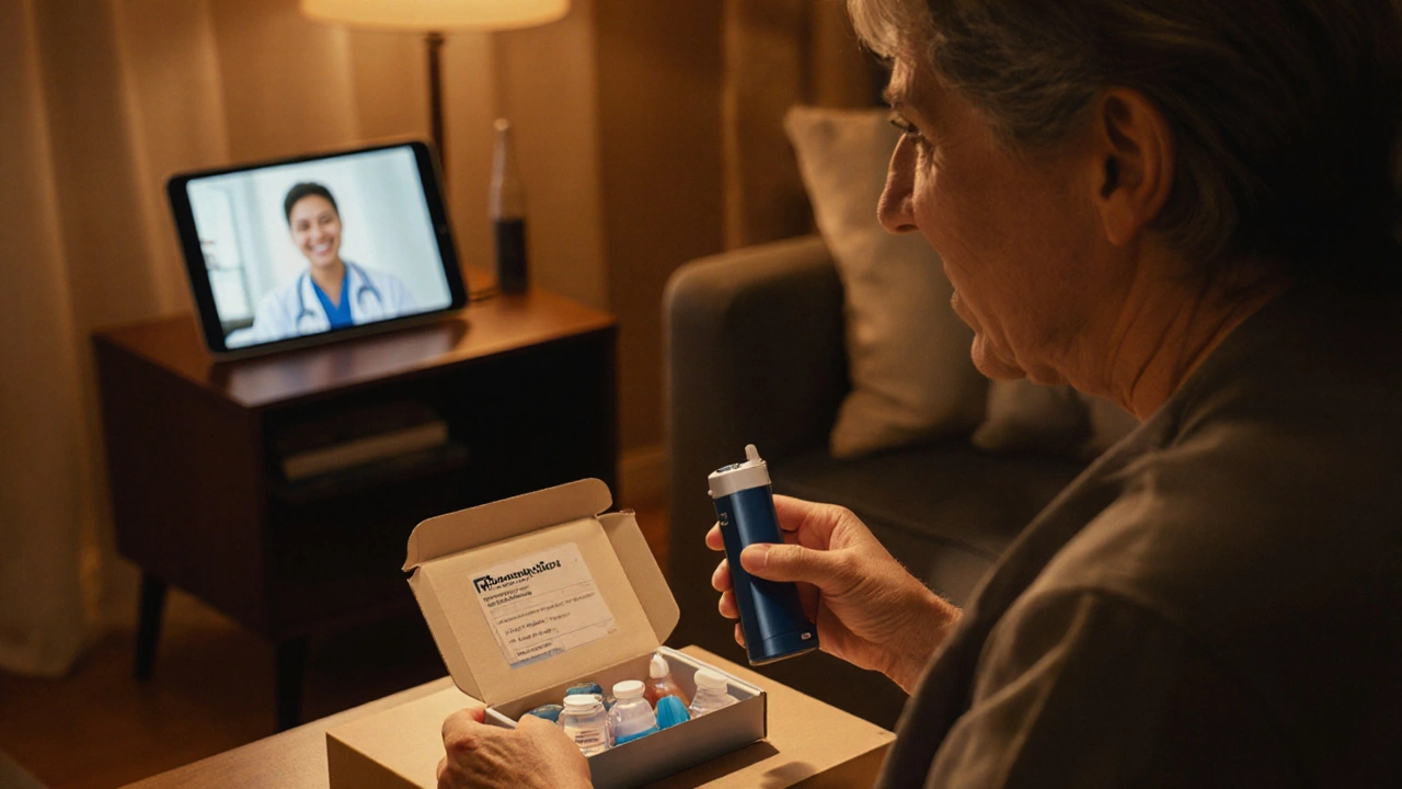 Person opening a delivery box revealing albuterol inhaler beside telehealth tablet.