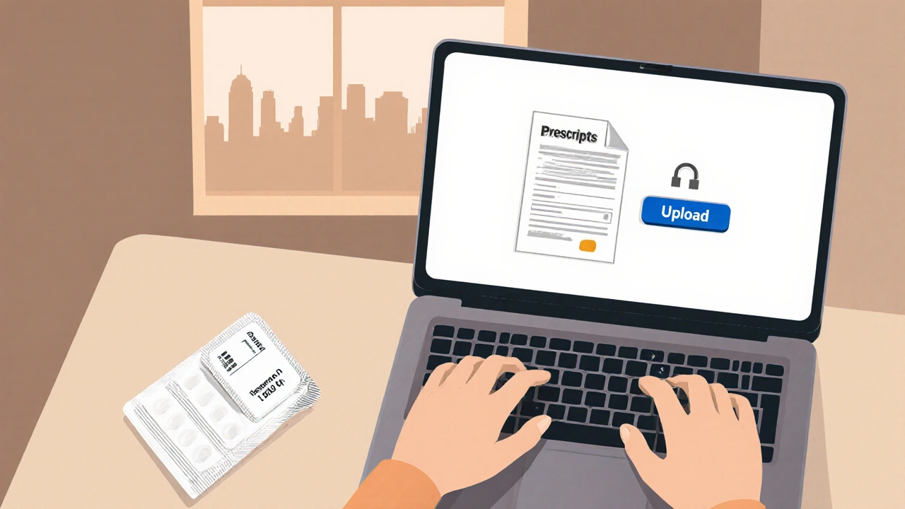 Person ordering medication online, uploading a prescription and viewing a sealed package.