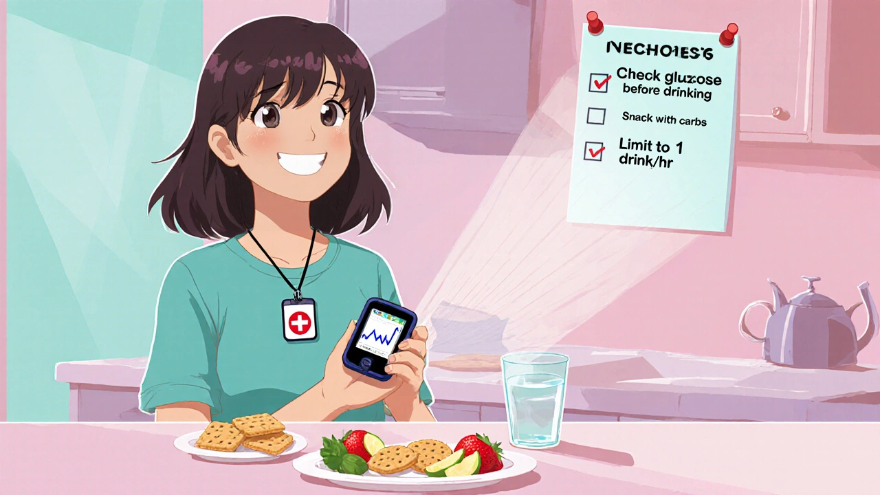 Protagonist with CGM, snack, drink, and medical ID showing safe drinking checklist.