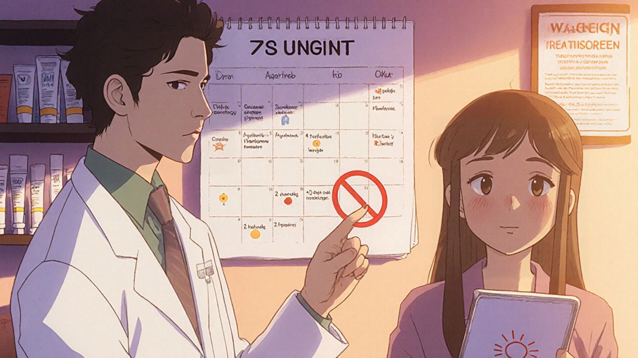 Retro anime character checks skin with dermatologist beside a 7‑day schedule.