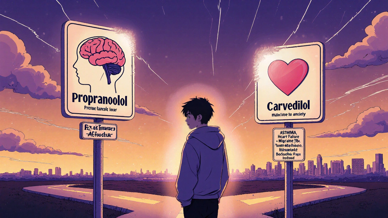 Retro anime scene of a person at a crossroads choosing among beta‑blocker options.