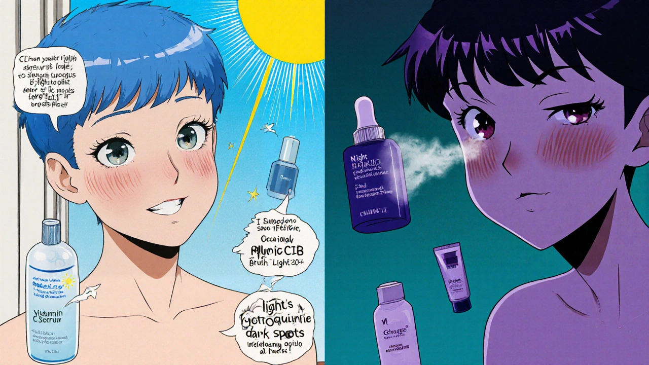 Retro anime split view of morning and night skincare steps with hydroquinone at night.
