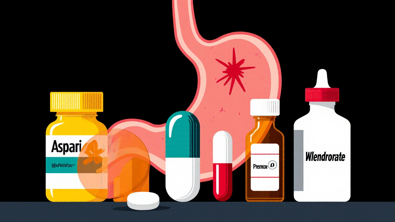 Row of high‑risk pills with a stomach silhouette indicating ulcer danger.