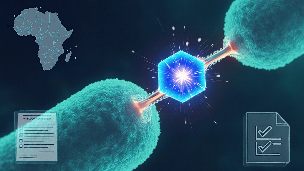 Scientific illustration of levofloxacin blocking bacterial DNA gyrase with a map overlay.
