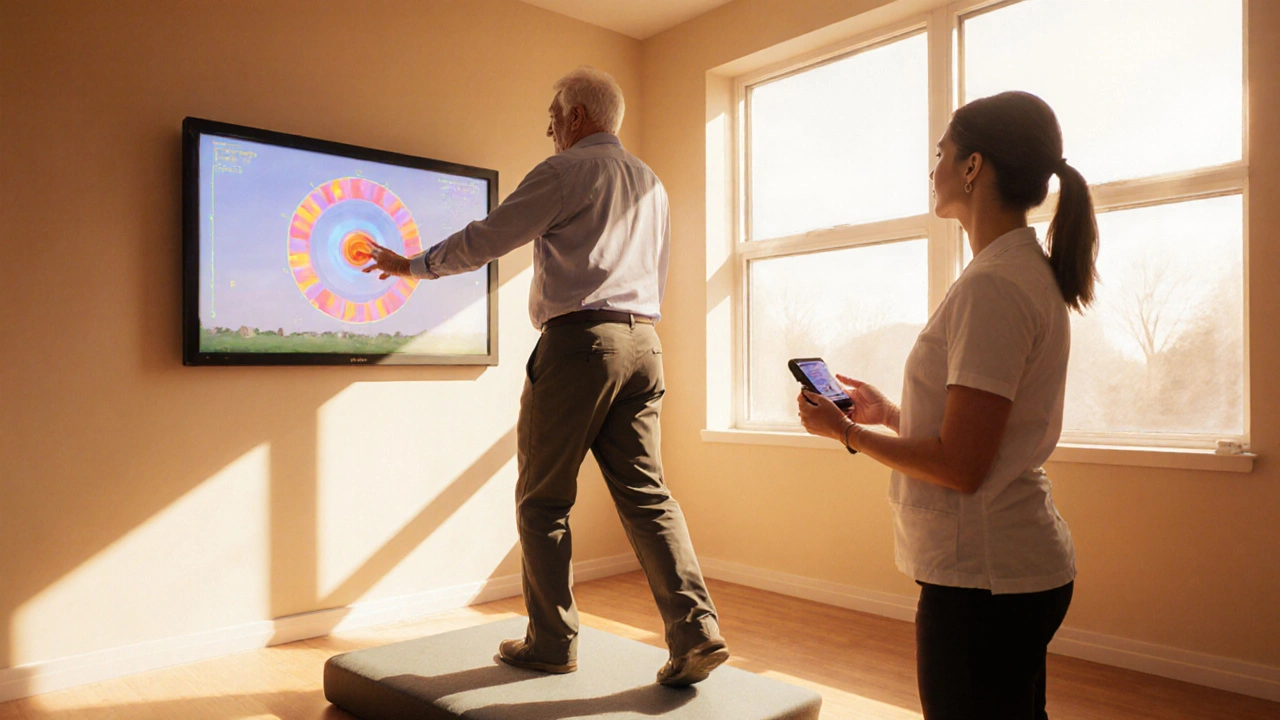Therapy room scene of a person doing balance and gaze‑stabilization exercises.