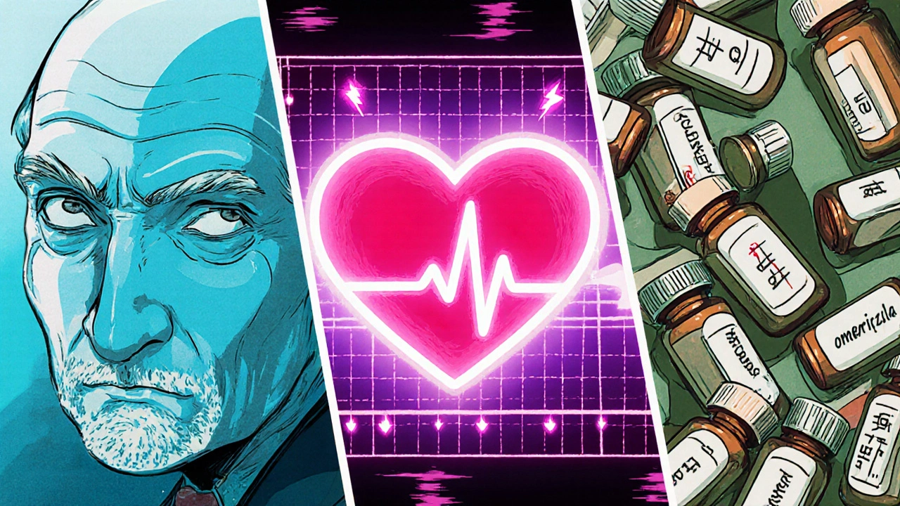 Three panels showing hyponatremia, QT prolongation, and drug interaction risks.