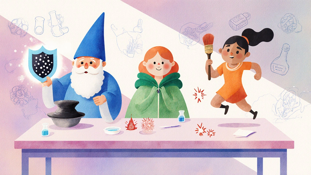 Three whimsical characters symbolizing hydroquinone, mometasone, and tretinoin collaborating.