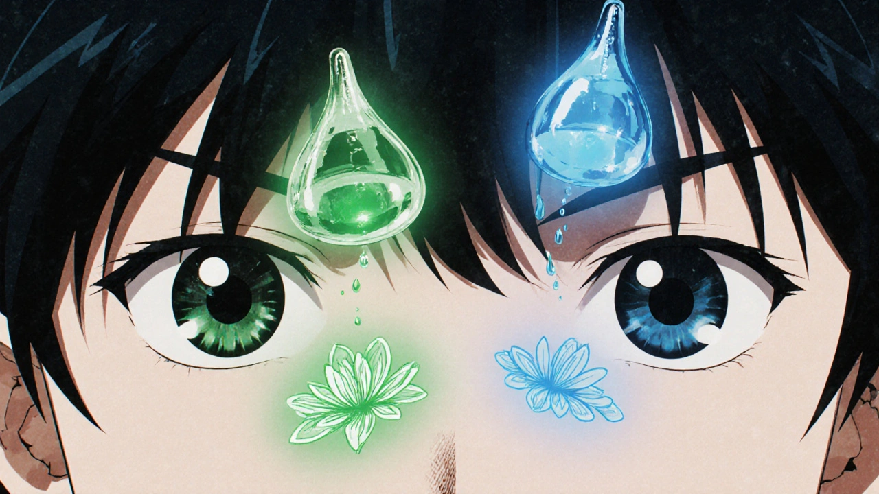 Two eye drops working together to reduce fluid and open drainage in a stylized eye.