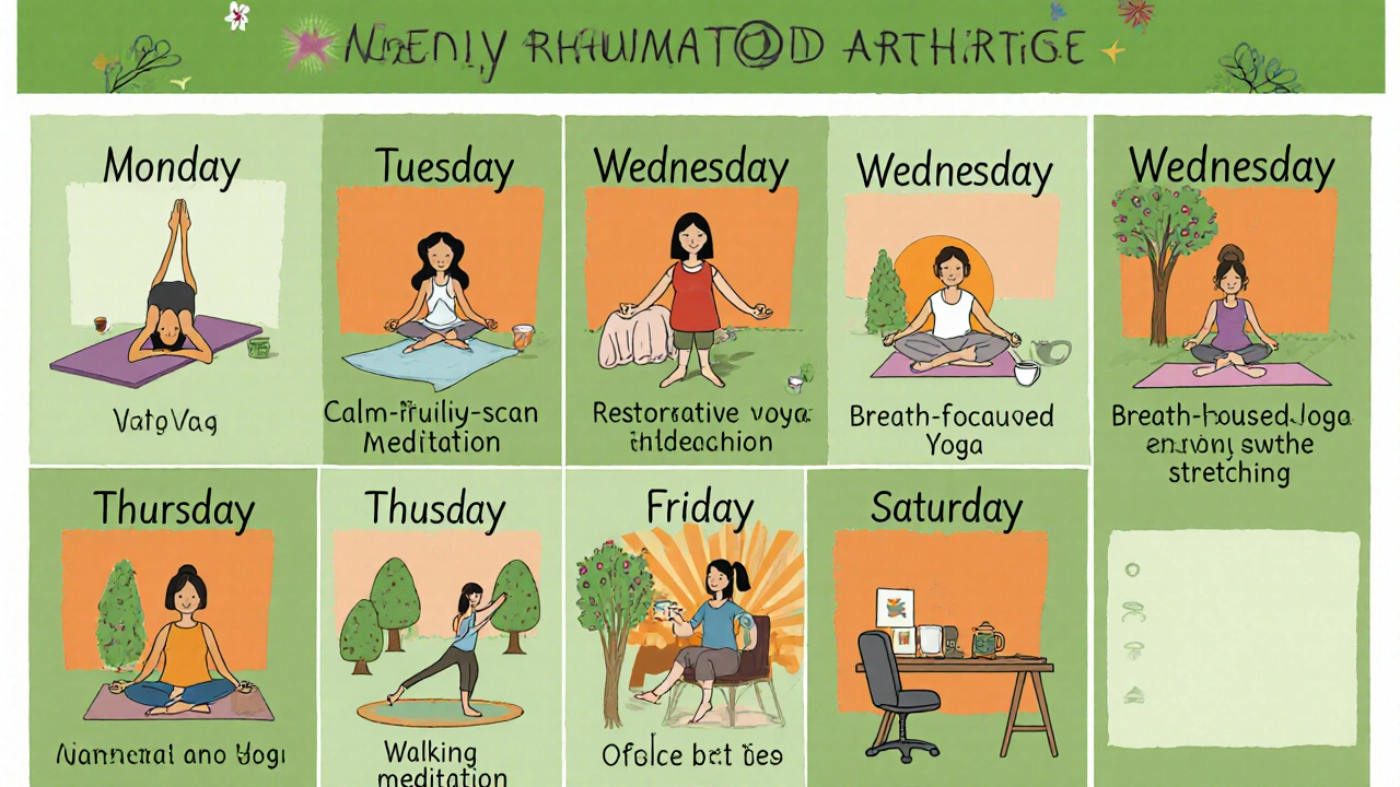 Weekly schedule collage of yoga and meditation activities for rheumatoid arthritis.