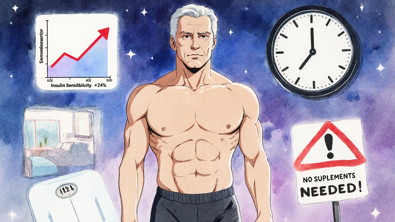 A man checking his weight with floating health icons showing improved insulin sensitivity and waist reduction.