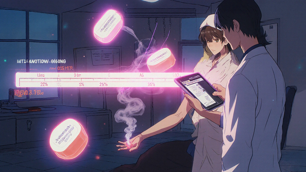 A patient receiving a long-acting HIV injection while antibiotic interactions float as spirits in retro anime clinic.