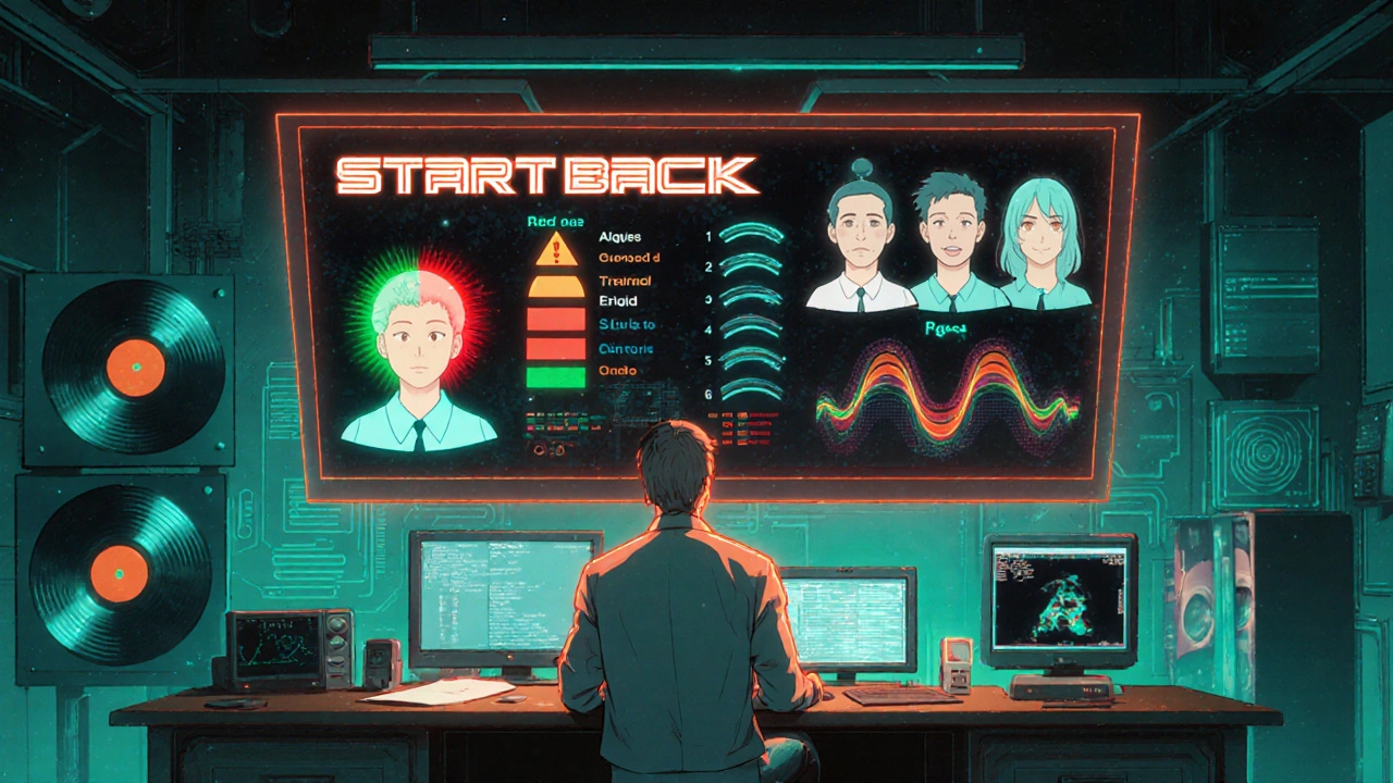 AI risk-assessment interface with patient avatars and medical scans in retro anime style.