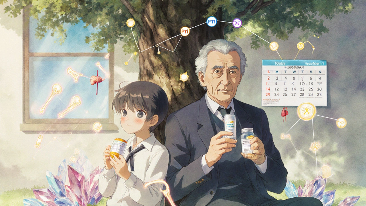 Child and elderly person rebuilding bones with alfacalcidol under a tree.