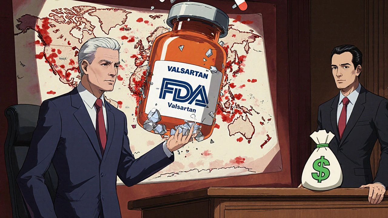 Courtroom scene with a shattering drug vial and global supply chain warnings in retro anime style