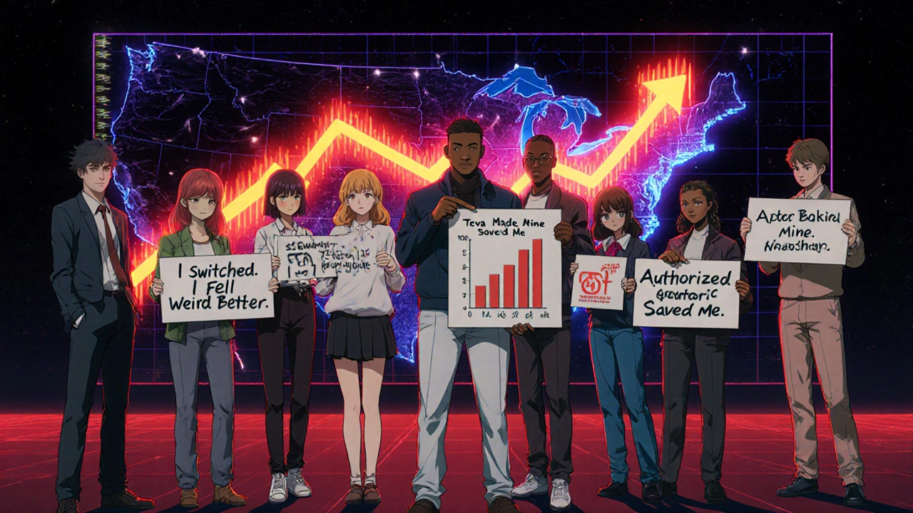 Diverse group holding signs about generic switch experiences in front of FDA dashboard.