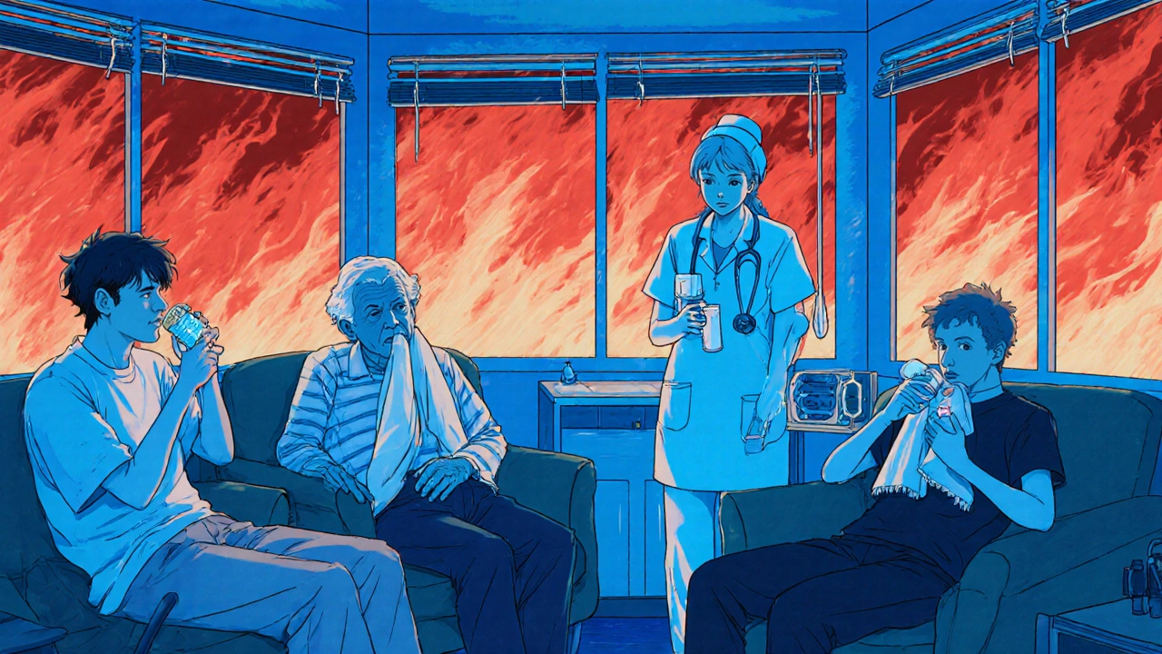 Diverse group in air-conditioned respite center, safe drug use and hydration under medical care.