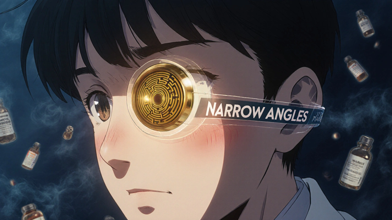 Eye doctor performing a gonioscopy exam, revealing a glowing drainage channel, with a medical alert bracelet floating nearby.