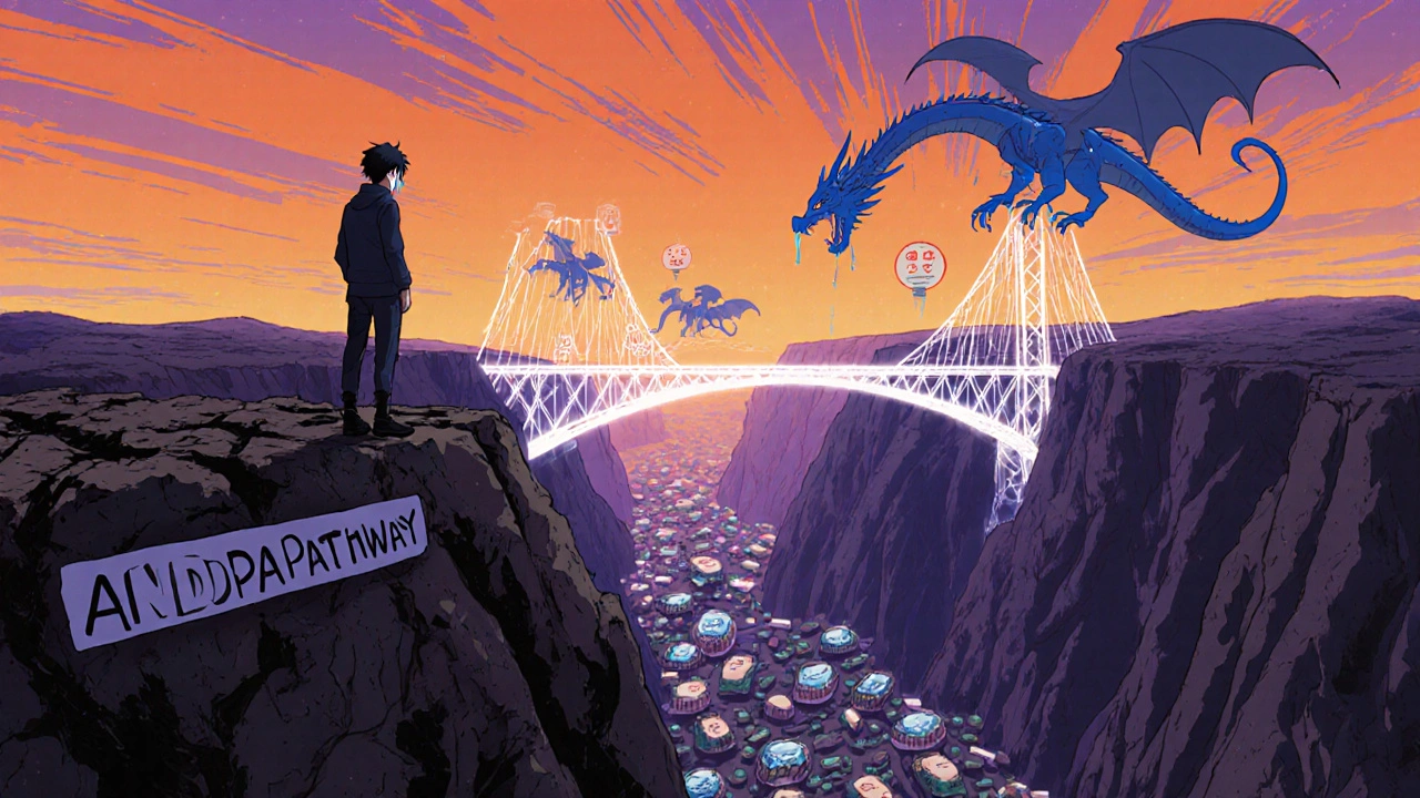 Generic drug developer climbing a crumbling approval mountain with AI dragons helping